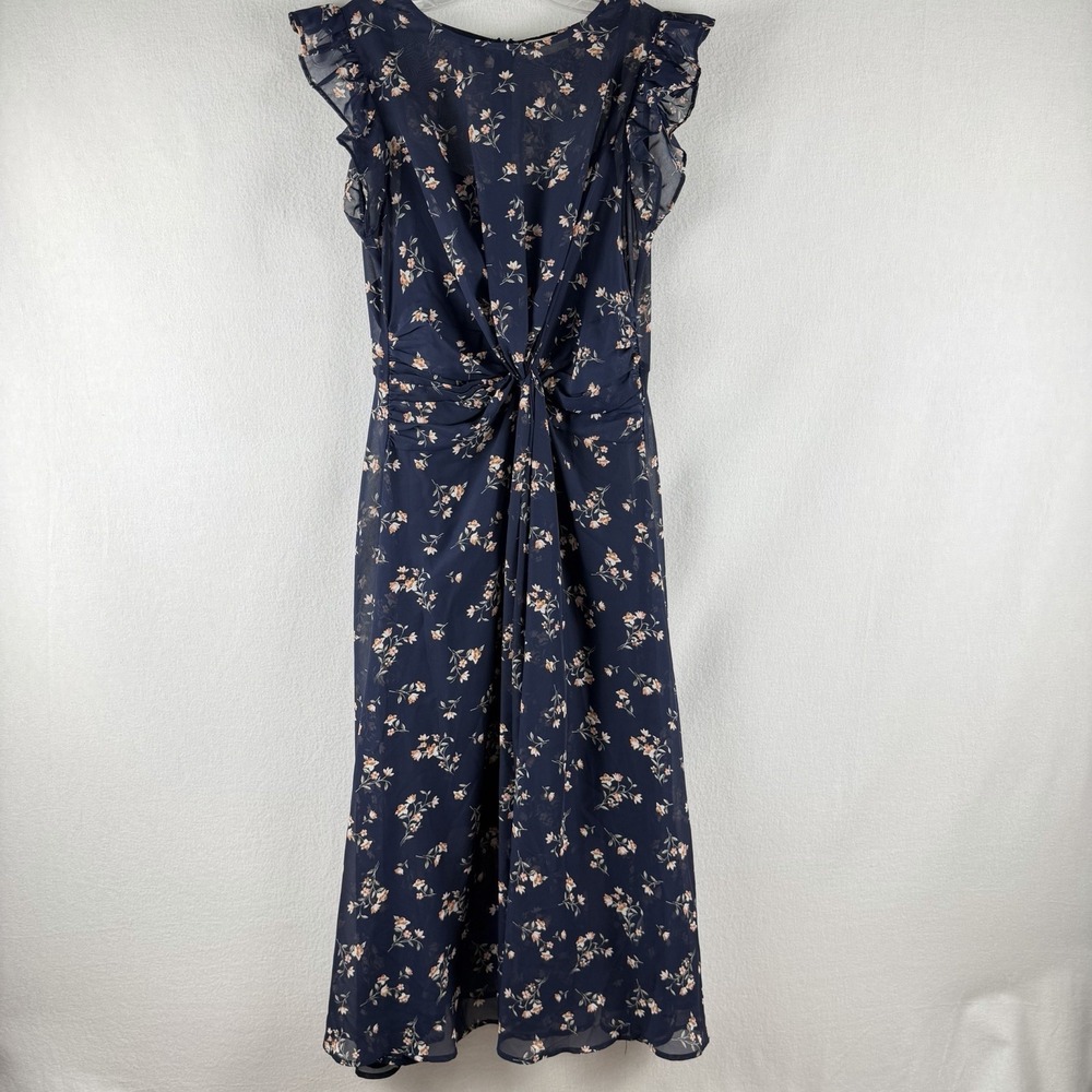 Altar'd State Midi Dress Sz L Navy Floral Chiffon Ruffle Sleeve Romantic Cottage